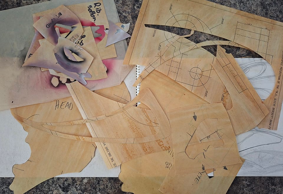 Hand made masking made from old high school engineering drawing sheets coated in thinned varnish