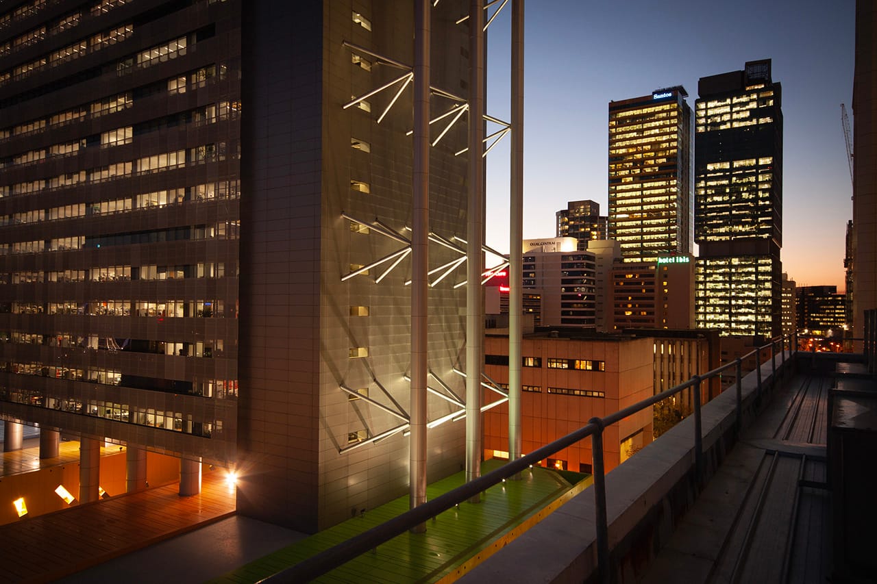 View of the Brisbane Square Library (Left) and roof access point (Right)