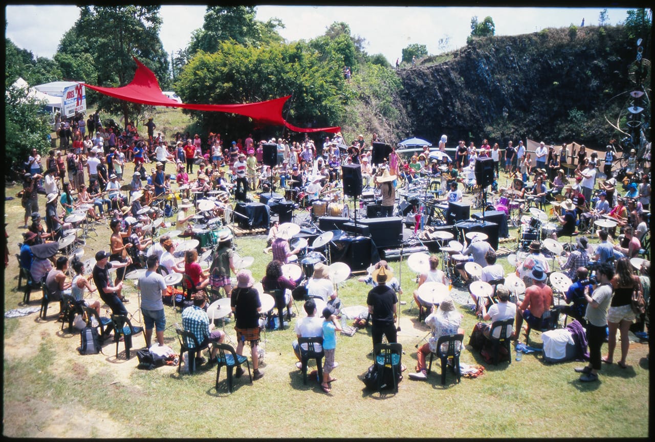 A crowd gathers at Boredoms - Boadrum111 - Byron Bay November 2011