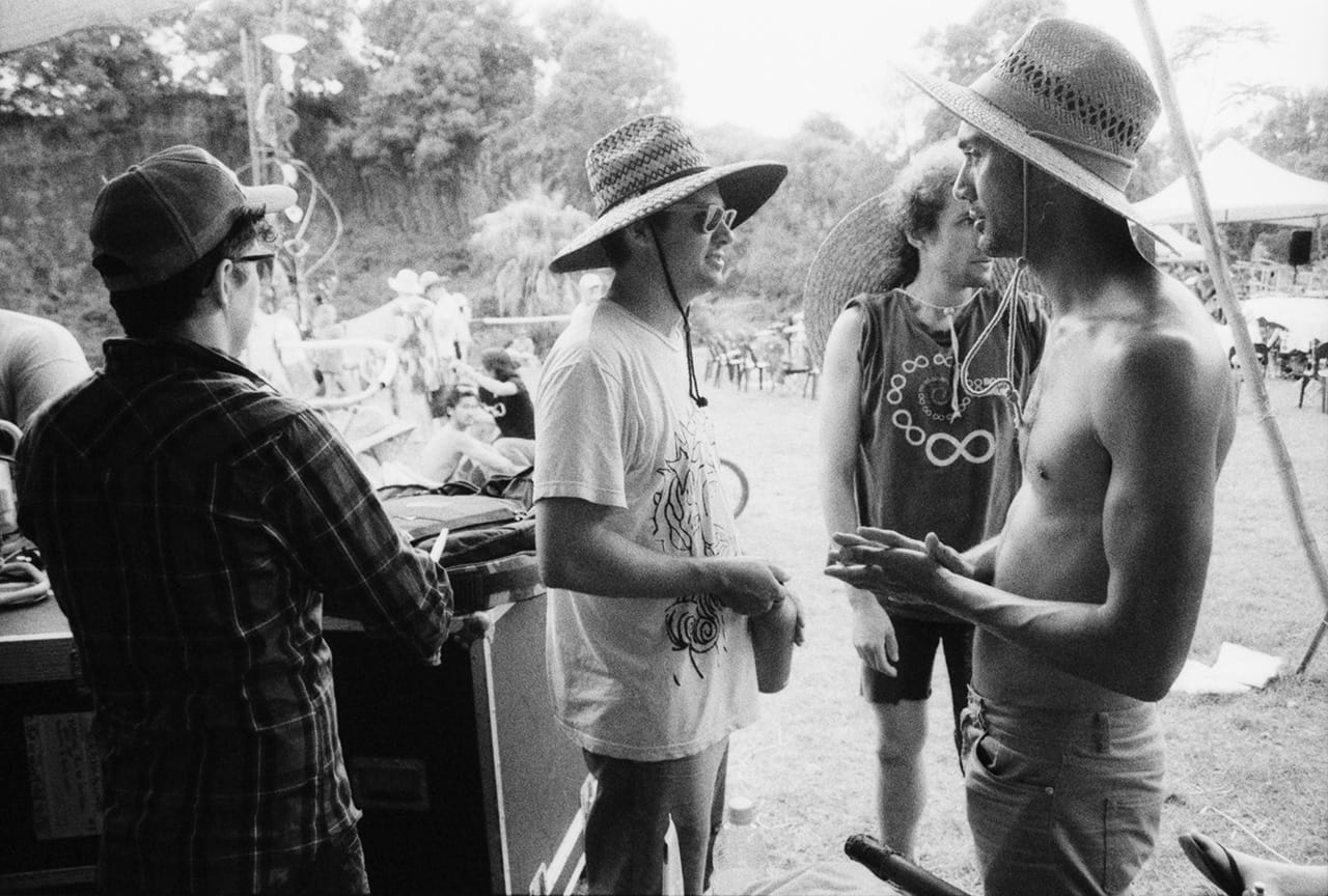 Drummers discuss plans at the Island Quarry - Boredoms - Boadrum111 - Byron Bay November 2011