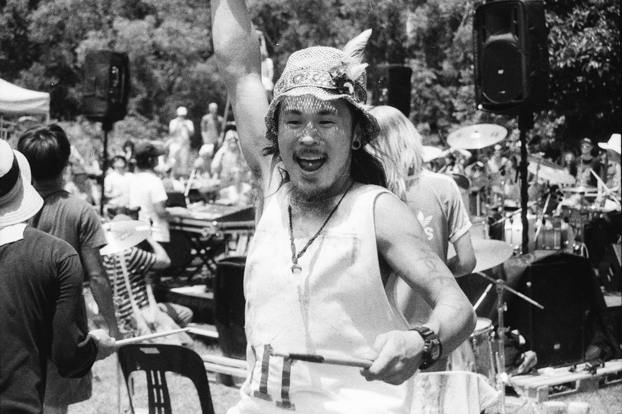 An enthusiastic cymbal player in the moment - Boredoms - Boadrum111 - Byron Bay November 2011